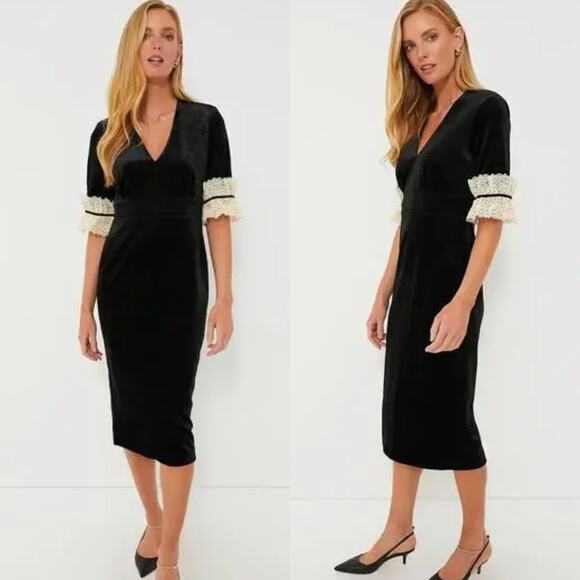 NEW Tuckernuck Black Velvet Odette Midi Dress Size Medium 3/4 Sleeve Elegant - Picture 1 of 9